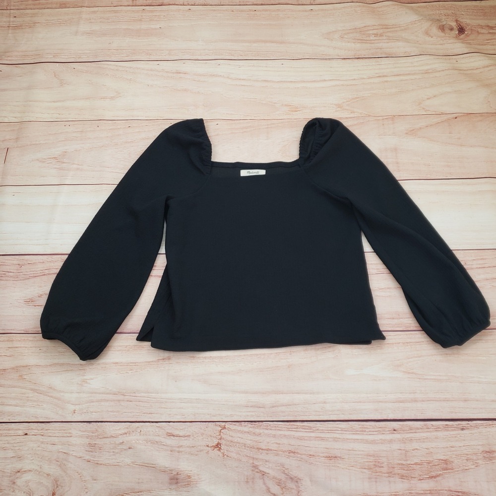 Madewell Shirt Womens Extra Small Black Square Neck Puff Sleeve Crepe Blouse Top